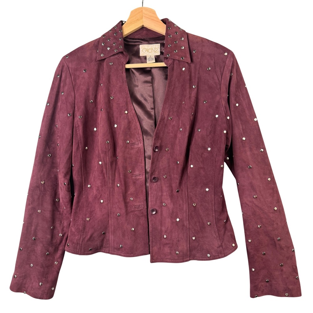 Cache Vintage Y2K Sz 2 Plum Goat Suede Studded Button Jacket Burgundy Blazer